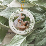 Naturally Joyful | Botanical Personalised Photo Ceramic Tree Decoration<br><div class="desc">This holiday season,  commemorate a special year with this elegant personalised photo Christmas ornament. Graceful sprigs of green painted watercolor mistletoe frame your photo,  with your name and the year curving around. Add a second photo to the reverse side.</div>