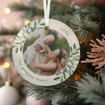 Naturally Joyful | Botanical Personalised Photo Glass Tree Decoration<br><div class="desc">This holiday season,  commemorate a special year with this elegant personalised photo Christmas ornament. Graceful sprigs of dark green painted watercolor mistletoe frame your photo,  with your name and the year curving around.</div>