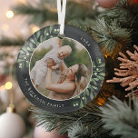 Naturally Joyful | Botanical Personalised Photo Glass Tree Decoration<br><div class="desc">This holiday season,  commemorate a special year with this elegant personalised photo Christmas ornament. Graceful sprigs of dark green painted watercolor mistletoe frame your photo,  with your name and the year curving around.</div>