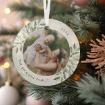 Naturally Joyful | Botanical Personalised Photo Glass Tree Decoration<br><div class="desc">This holiday season,  commemorate a special year with this elegant personalised photo Christmas ornament. Graceful sprigs of green painted watercolor mistletoe frame your photo,  with your name and the year curving around.</div>