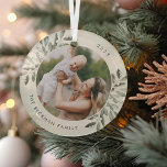 Naturally Joyful | Botanical Personalised Photo Glass Tree Decoration<br><div class="desc">This holiday season,  commemorate a special year with this elegant personalised photo Christmas ornament. Graceful sprigs of muted green painted watercolor mistletoe frame your photo,  with your name and the year curving around.</div>