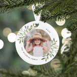 Naturally Joyful | Botanical Personalized Photo Ornament<br><div class="desc">This holiday season,  commemorate a special year with this elegant personalized photo Christmas ornament. Graceful sprigs of light green painted watercolor mistletoe frame your photo,  with your name and the year curving around. Add a second photo to the reverse side.</div>
