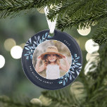 Naturally Joyful | Botanical Personalized Photo Ornament<br><div class="desc">This holiday season,  commemorate a special year with this elegant personalized photo Christmas ornament. Graceful sprigs of icy blue painted watercolor mistletoe frame your photo,  with your name and the year curving around. Add a second photo to the reverse side.</div>
