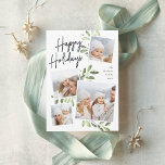 Naturally Joyful | Christmas Photo Collage Holiday Card<br><div class="desc">Our beautiful rustic chic holiday photo card features four of your favourite square family photos in a collage layout. "Happy Holidays" appears at the top in hand lettered script typography on a white chalkboard background accented with light green watercolor botanical foliage for a beautiful nature-inspired look. Customise with your family...</div>