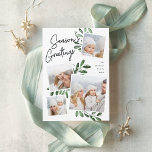 Naturally Joyful | Christmas Photo Collage Holiday Card<br><div class="desc">Our beautiful rustic chic holiday photo card features four of your favourite square family photos in a collage layout. "Season's Greetings" appears at the top in hand lettered script typography on a white chalkboard background accented with lush dark green watercolor botanical foliage for a beautiful nature-inspired look. Customise with your...</div>