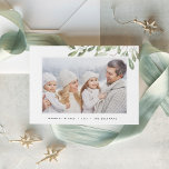 Naturally Joyful | Elegant Botanical Photo Holiday Card<br><div class="desc">This simple and elegant nature-inspired holiday card features your favorite horizontal or landscape-oriented photo draped with sprigs of graceful light green watercolor foliage. Personalize with your custom greeting (shown with "Warmest Wishes"), the year, and your family name along the bottom in modern lettering. An elegant botanical design for your Christmas...</div>