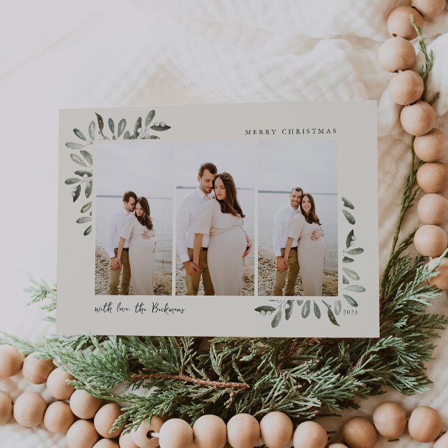 Naturally Joyful | Elegant Watercolor 3 Photo Holiday Card (Creator Uploaded)