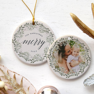 Naturally Joyful Very Merry Personalised Photo Ceramic Tree Decoration