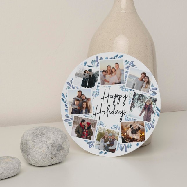 Naturally Joyful Watercolor Round Photo Collage Holiday Card (Creator Uploaded)