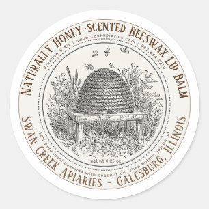 Naturally Scented Beeswax Lip Balm Skep and Bees Classic Round Sticker