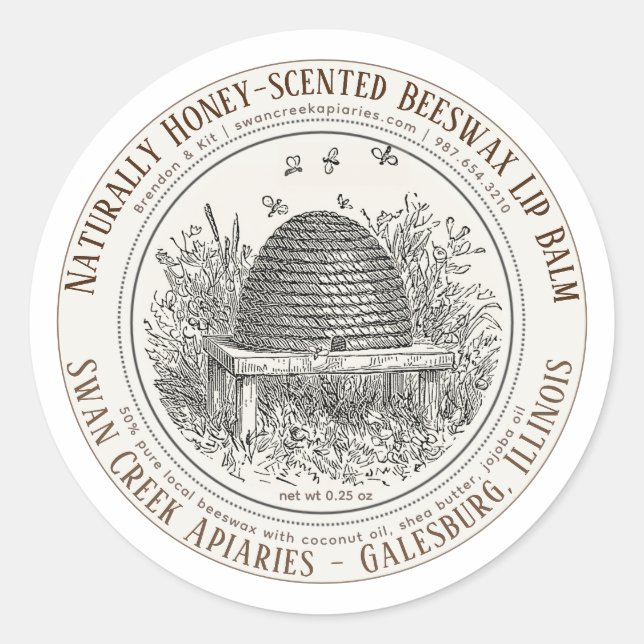 Naturally Scented Beeswax Lip Balm Skep and Bees Classic Round Sticker (Front)