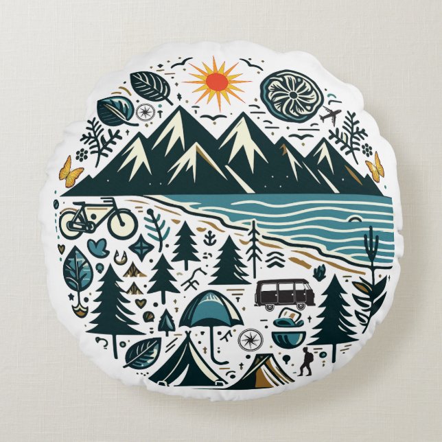 Nature Adventure Camping Travel Exploration Round Cushion (Front)