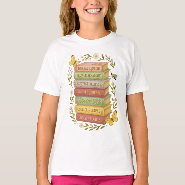 Nature and Book Lover Botanical Stack T-Shirt (Front)