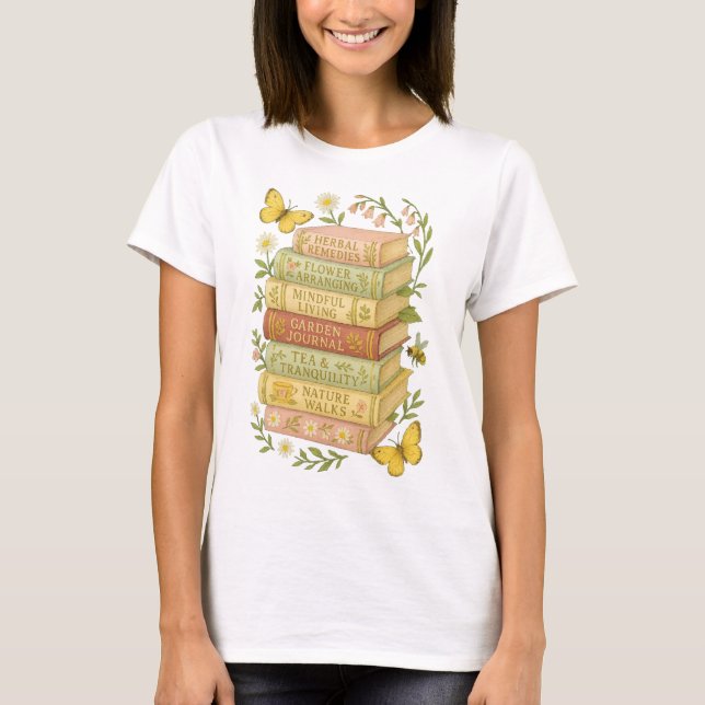 Nature and Book Lover Botanical Stack T-Shirt (Front)