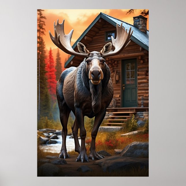 *~* Nature AP49 MOOSE Forest Cottage Cabin Poster (Front)