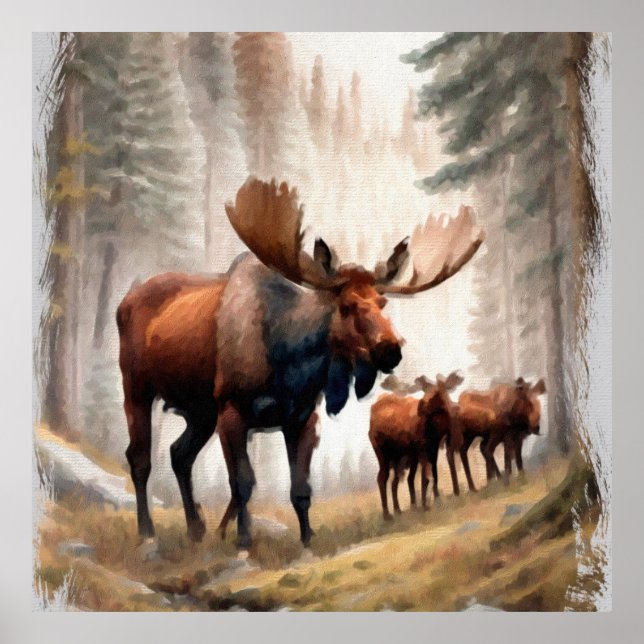 *~* Nature  AP49  MOOSE Forest  Woods Herd Poster (Front)