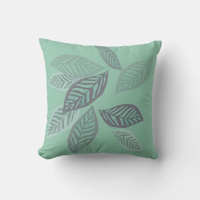 nature art stylised leaves on mint green pillow (Front)