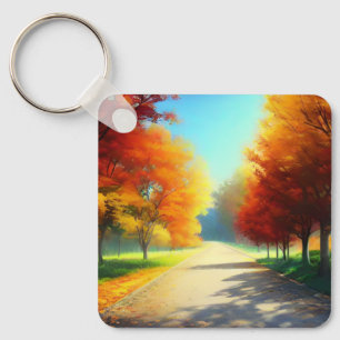 Nature Autumn Trees in The Forest Key Ring