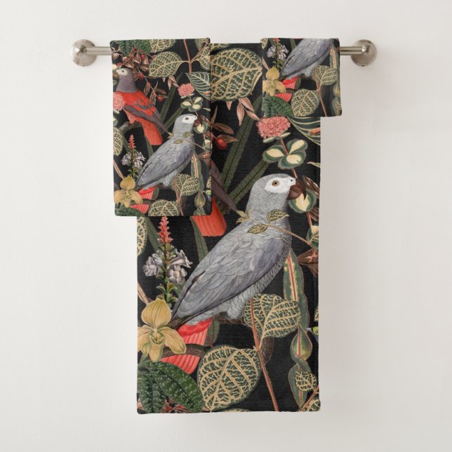Nature Birds Scene on Black Bath Towel Set (Insitu)