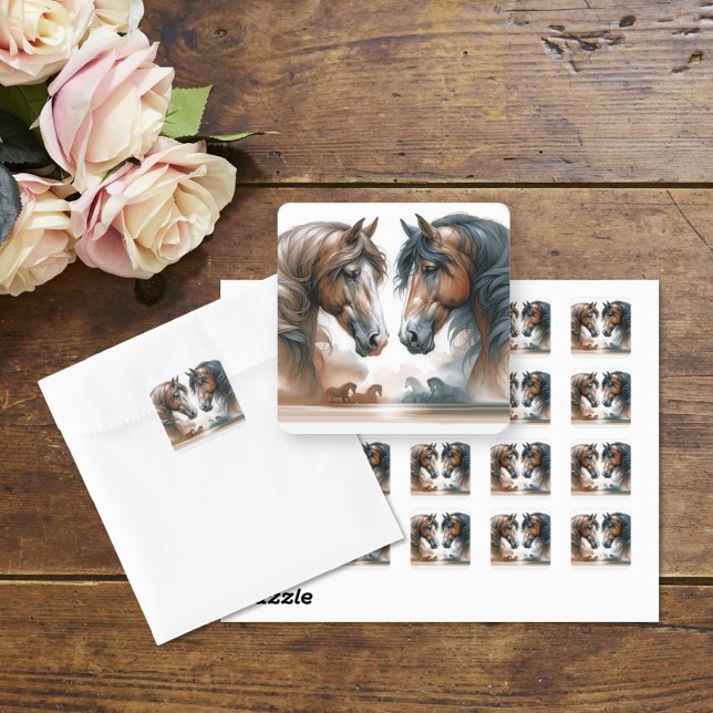 Nature Brown Horses Wedding Square Sticker (Creator Uploaded)