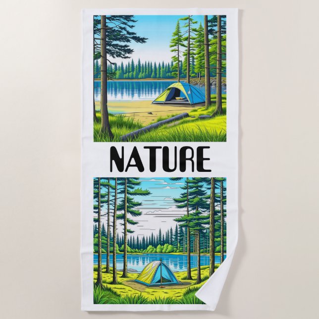 Nature Camping Themed Tent in the Woods Beach Towel (Front)