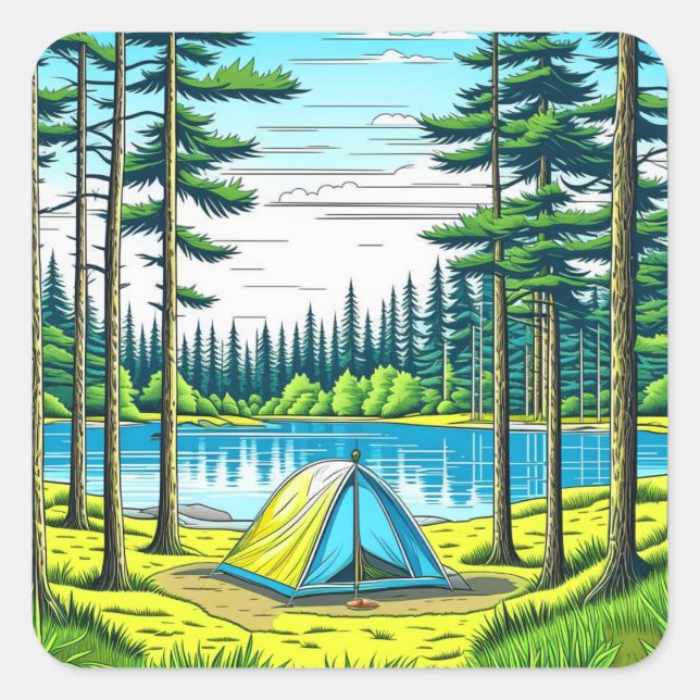 Nature Camping Themed Tent in the Woods Square Sticker (Front)