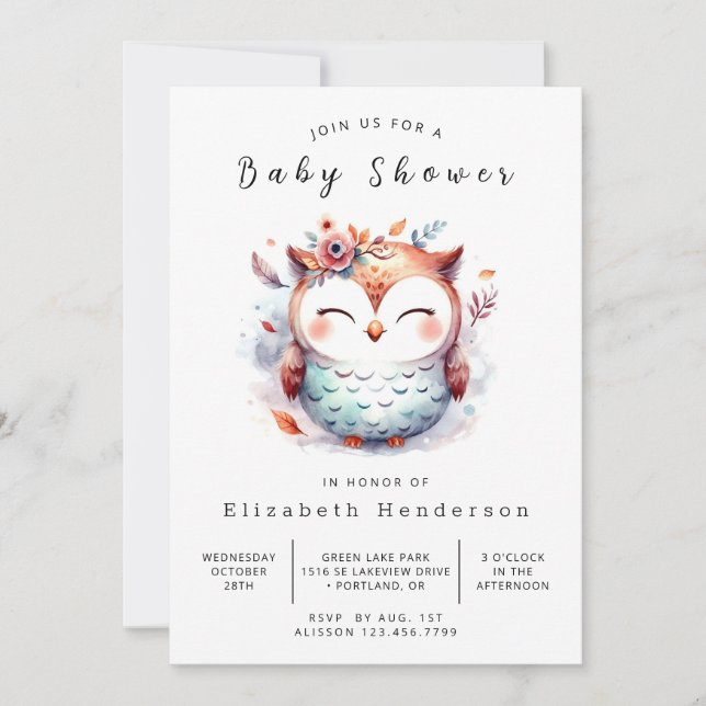 Nature Editable Owl Baby Shower Invitation (Front)