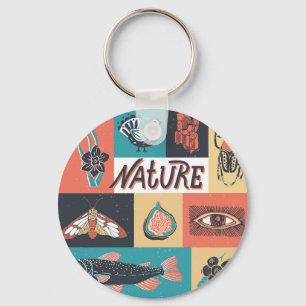 Nature Elements, Retro Style Icons. Key Ring
