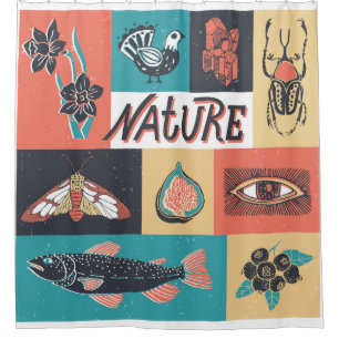 Nature Elements, Retro Style Icons. Shower Curtain