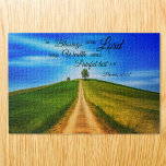 Nature Field Proverbs 10:22 Bible verse Jigsaw Puzzle<br><div class="desc">This jigsaw puzzle design features a stunning landscape scene of a green field with a single tree in the middle, set against a clear blue sky. The verse Proverbs 10:22 is emblazoned on the sky in bold elegant letters, reminding us of the blessings that come from God. The message written...</div>