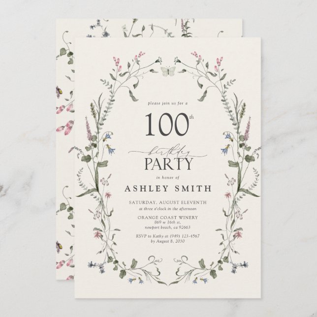 Nature Floral 100th Birthday Party Watercolor Invitation (Front/Back)