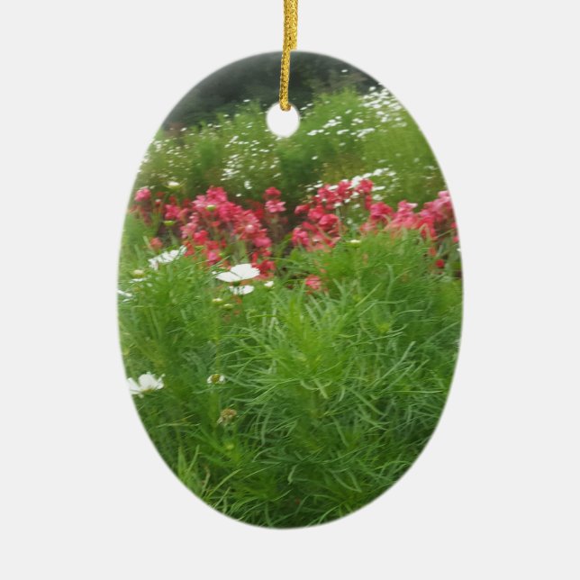 Nature Floral Pink and White Flowers Grass Ceramic Tree Decoration (Front)