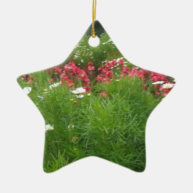 Nature Floral Pink and White Flowers Grass Ceramic Tree Decoration (Front)