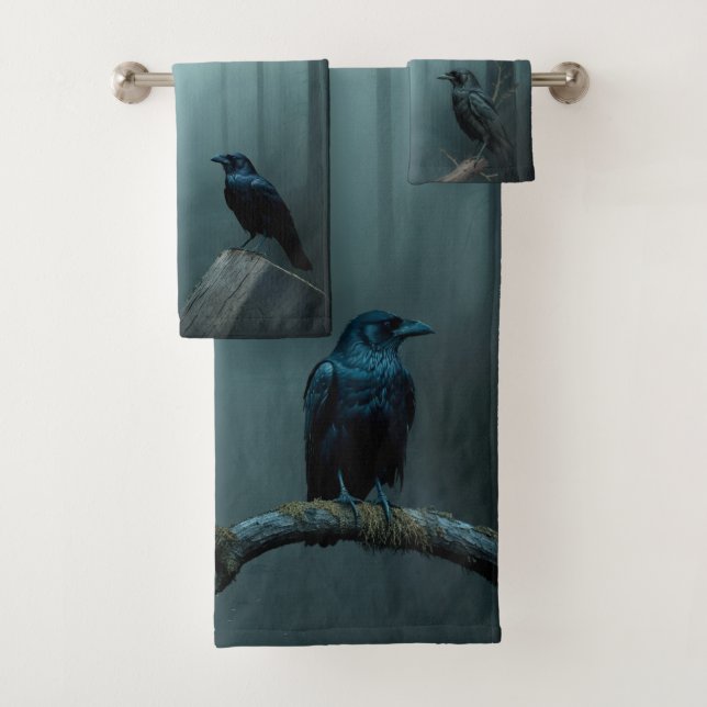Nature Foggy Forest Bird Ravens and Crows Bath Towel Set (Insitu)