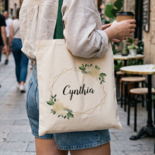 Nature Green Ivory Gold Watercolor Floral Tote Bag