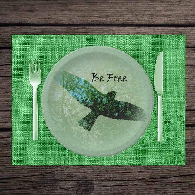 Nature Green Trees Bird Soaring Crow Be Free Paper Plate (Flying black transparent crow faded treetops on green Be Free paper party plates.)