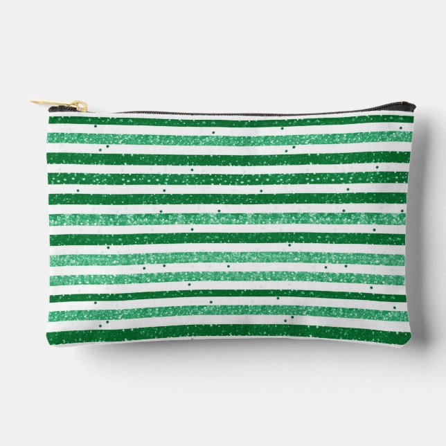 Nature Green White Horizontal Glitter Stripes Accessory Pouch (Front)
