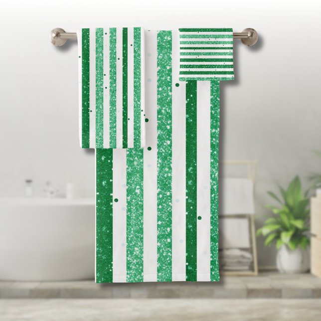 Nature Green White Horizontal Glitter Stripes Bath Towel Set (Creator Uploaded)