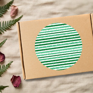 Nature Green White Horizontal Glitter Stripes Classic Round Sticker