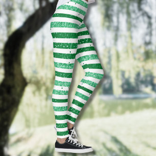 Nature Green White Horizontal Glitter Stripes Leggings