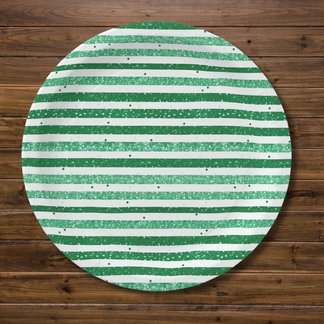 Nature Green White Horizontal Glitter Stripes Paper Plate (Creator Uploaded)