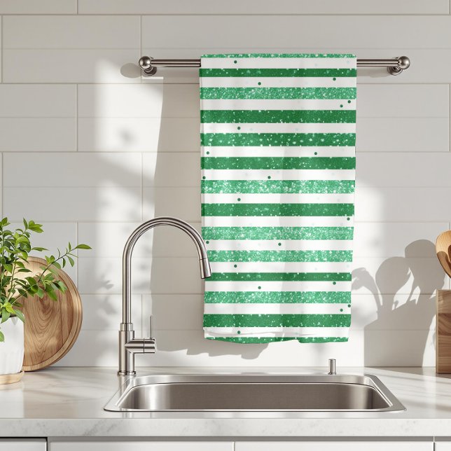 Nature Green White Horizontal Glitter Stripes Tea Towel (Creator Uploaded)