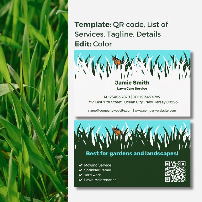 Nature-Inspired Elegance with Butterfly: Lawn Care Business Card (Nature-Inspired Elegance with Butterfly: Lawn Care Business Card, Service List, QR code, Tagline)