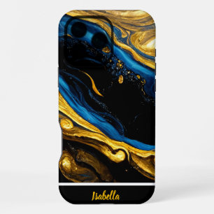 Nature-inspired gold and blue marble art iPhone 16 pro max case