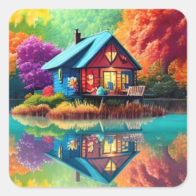 Nature Landscape Illustration with Lake Cottage Square Sticker (Front)