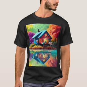 Nature Landscape Illustration with Lake Cottage T-Shirt