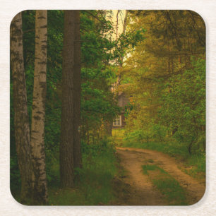 Nature Landscape Scenery Forest Hut Village Square Paper Coaster