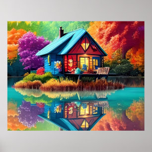 Nature Landscape with Lake, Cottage, Autumn Poster