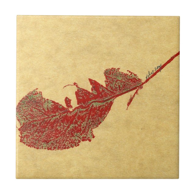 Nature leaf print of a worm eaten apple leaf tile (Front)