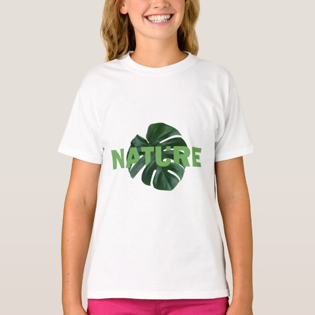 Nature Love Dark Green Monstera Leaf Girl T-Shirt (Front)